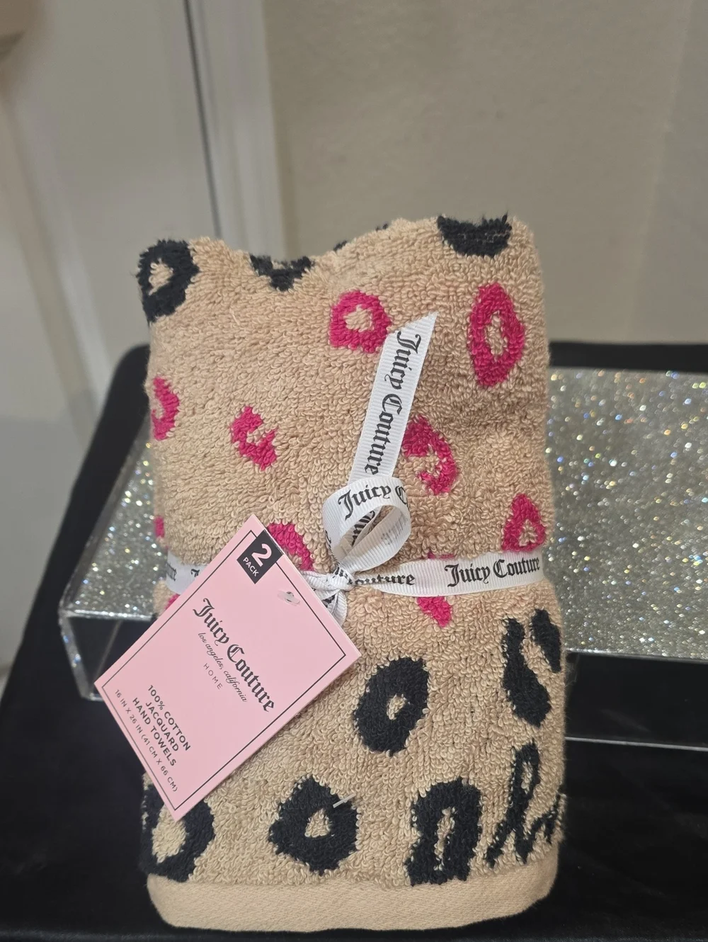 Juicy Couture Home 100% Cotton Jacquard Leopard Spots Logo Hand Towels